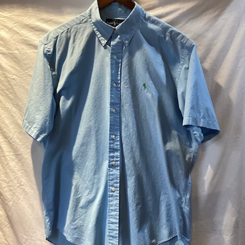Ralph Lauren Button Down Shirt Short Sleeve 100% Cotton Blue 50"W x 32"L